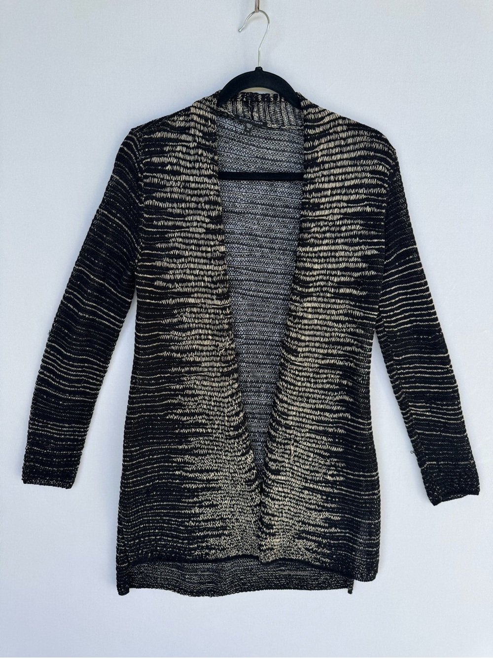 Eileen Fisher Linen & Wool Black and Cream Marled Open-Front Cardigan